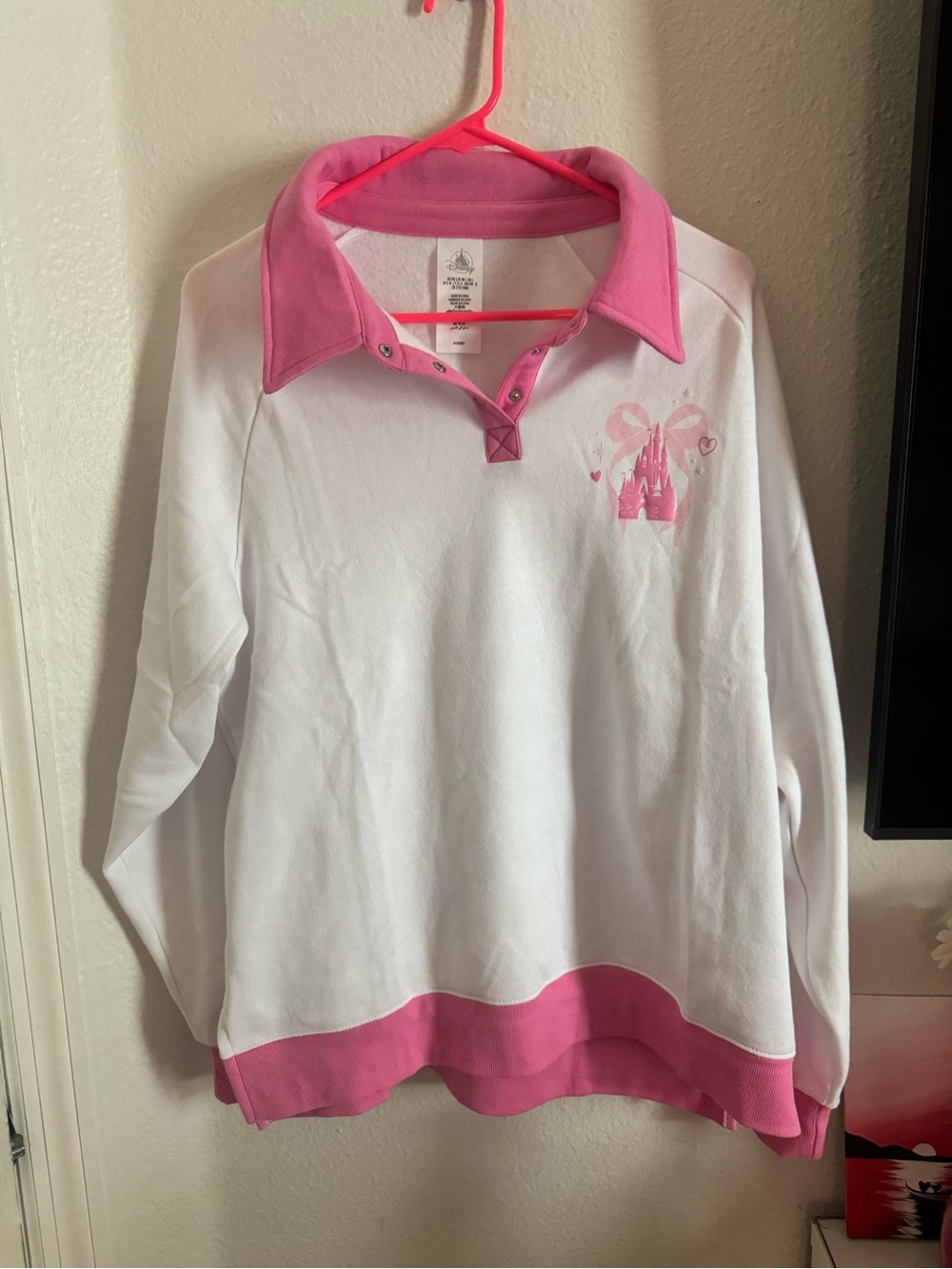 Disney White & Pink Collared Pullover Sweatshirt
